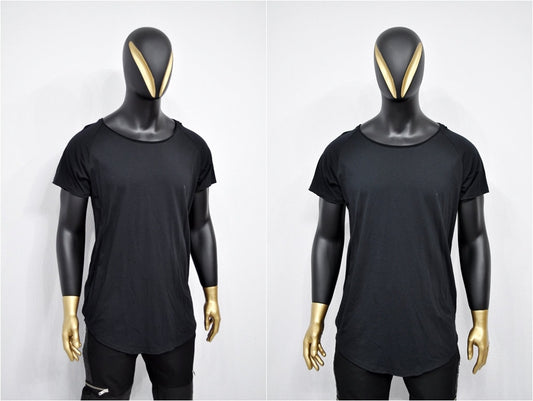 XS-8XL Men's Short Sleeve Scoop Raw Neck Curved Hem T-shirt , Asymmetric Tshirt, Streetwear Men Extended Loose Shirt- BB463