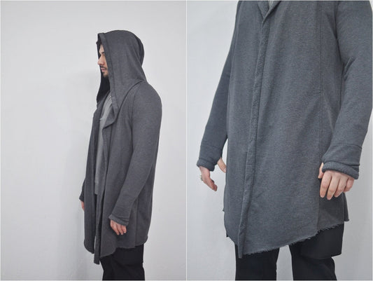 XS-8XL Oversized Men's Loose Cardigan Glove Sleeve,Raw Edges,Rope Long with Hood,Sci-fi,Cyberpunk Cosplay Cape Coat, Futuristic Cloth- BB024