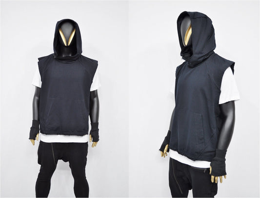 XS-8XL Men's Panel Hooded Tanktop, Raw Edges Adjusters Zip-up Hood and Collar,Streetwear Vest Hooded / Cyber Streetwear Assassin - BB0133