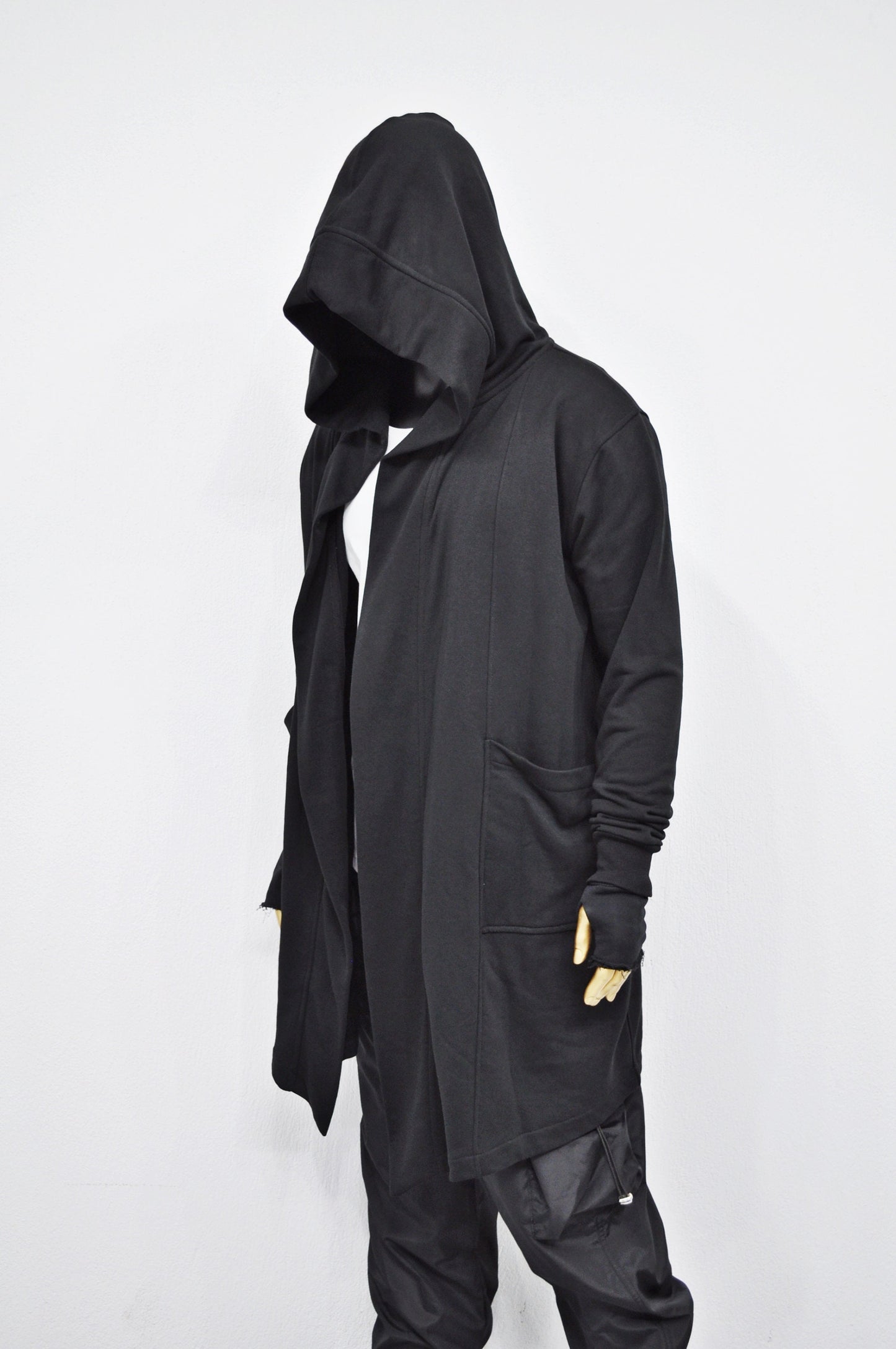 XS-8XL Oversized Overlong Black Loose Cardigan with Hood,Side Pockets Windbreaker Cloak,Cyberpunk Techwear Cape Coat, Futuristic Clot- BB159