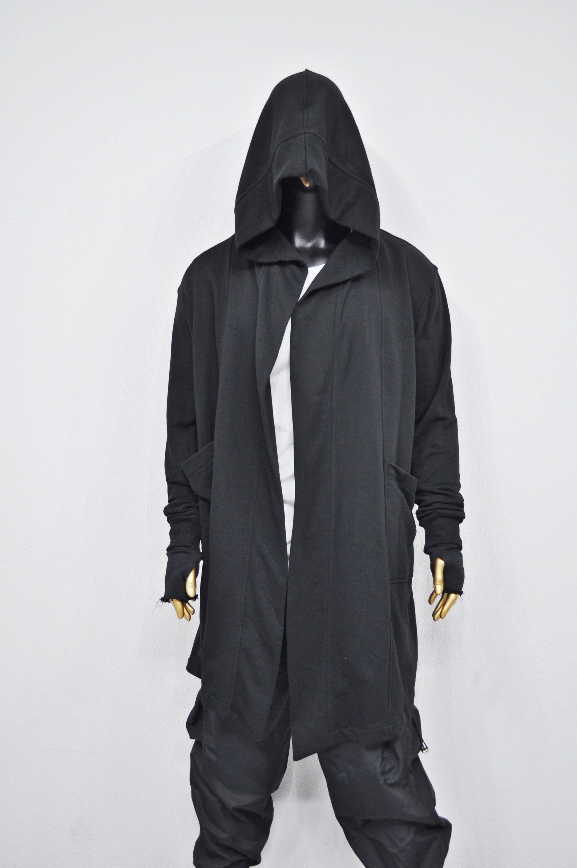 XS-8XL Oversized Overlong Black Loose Cardigan with Hood,Side Pockets Windbreaker Cloak,Cyberpunk Techwear Cape Coat, Futuristic Clot- BB159