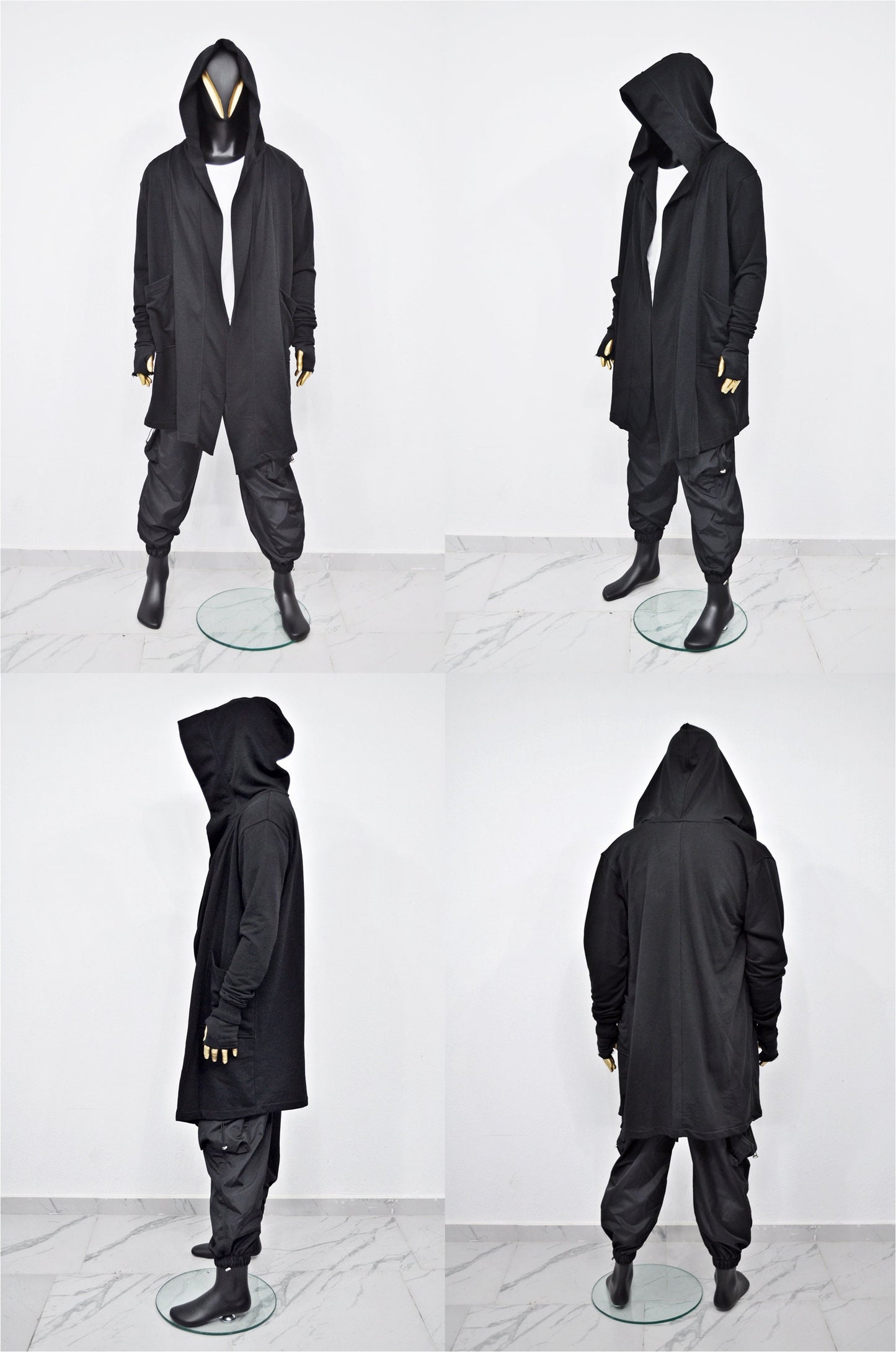 XS-8XL Oversized Overlong Black Loose Cardigan with Hood,Side Pockets Windbreaker Cloak,Cyberpunk Techwear Cape Coat, Futuristic Clot- BB159