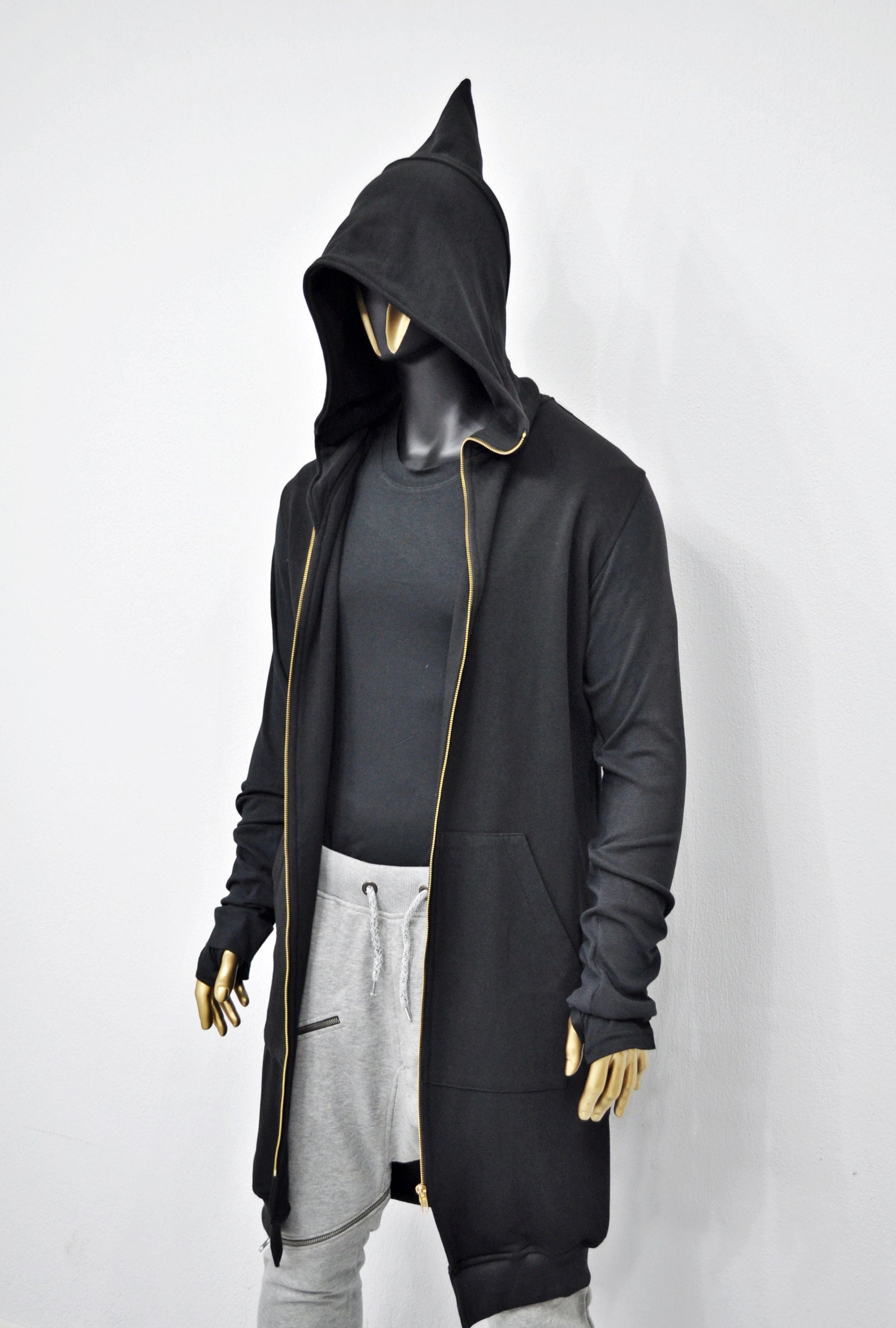 XS-8XL DRKSHDW Long Zip Up Mountain Hoodie,Long Sleeve Raw edge Cuffs,Ribbed trim,Creed Pointed Hood,Goth Cardigan,SteamPunk-BB141