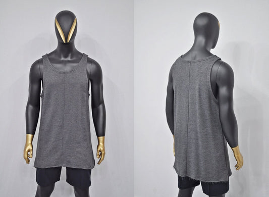 XS-8XL Men's Fleece Sleeveless Wide Neck Raw Edges Tank Top, Extended Loose Essentials Lenghten,Side Slit,Overlong,Oversize Shirt-BB497