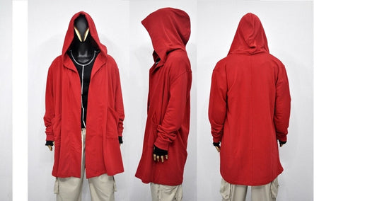 XS-8XL Red Oversize Overlong Loose Cardigan with Hood,Side Pockets Windbreaker Cloak,Cyberpunk Techwear Cape Coat, Futuristic Clothes- BB159