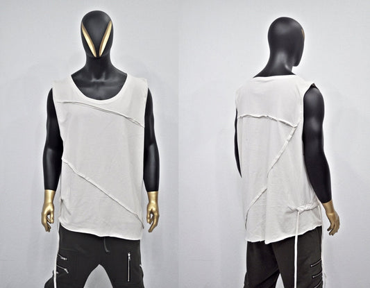 XS-8XL Men's Tie-Up Asymmetric Luxury Designer Essential Long Tank Top, Oval Hem,Ninja Cyber,Extended Tshirt, Fashion Futuristic Shirt-BB502