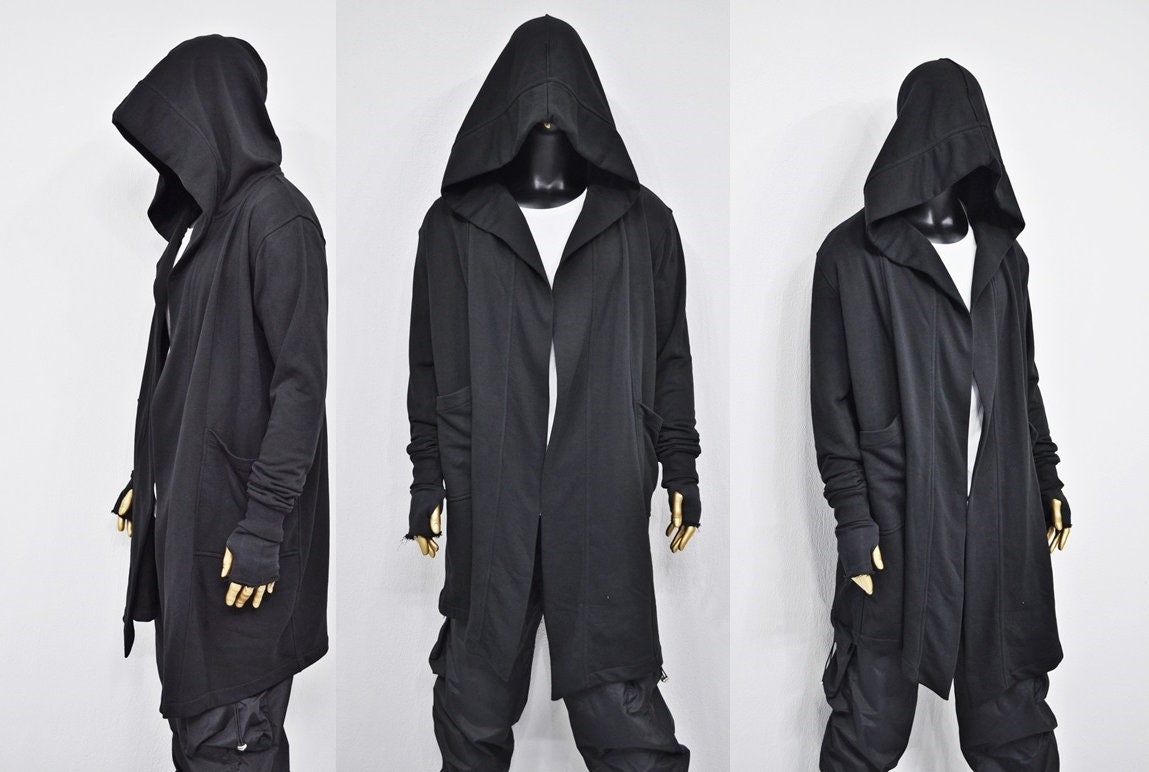 XS-8XL Oversized Overlong Black Loose Cardigan with Hood,Side Pockets Windbreaker Cloak,Cyberpunk Techwear Cape Coat, Futuristic Clot- BB159