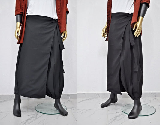 XS - 8XL Wrap Kilt Skirt Pant,Pleated A-line, Dark Black Mid-Lenght irregular Skirt,Relaxed,Cyberpunk Steampunk,Regalo,Kreso,Ashashin- BB868