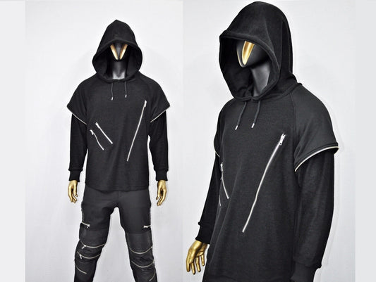 XS - 8XL Men Dark Original Design Double Sleeve Lk, Asymmetric Zip, Irregular Cut Hoodie,Cyberpunk Pullover,Loose Luxury Femin Gothic-BB0115