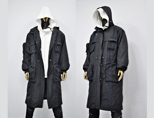 Dark Long Windbreaker Loose Jacket, Over the Knee Hooded Big Pocket Trenchcoat