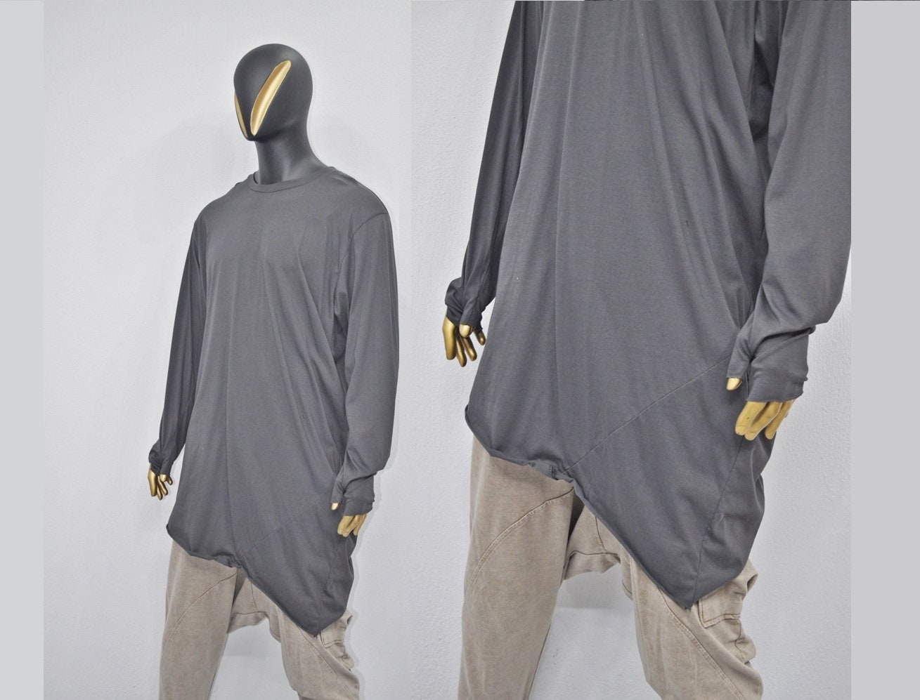 XS-8XL Men Long Sleeve Rave Thumbhole Top Shirt, Draped Asymmetrical cut Overlong Essential Extended Jumper , Gothic Wide Neck Sweat BB496