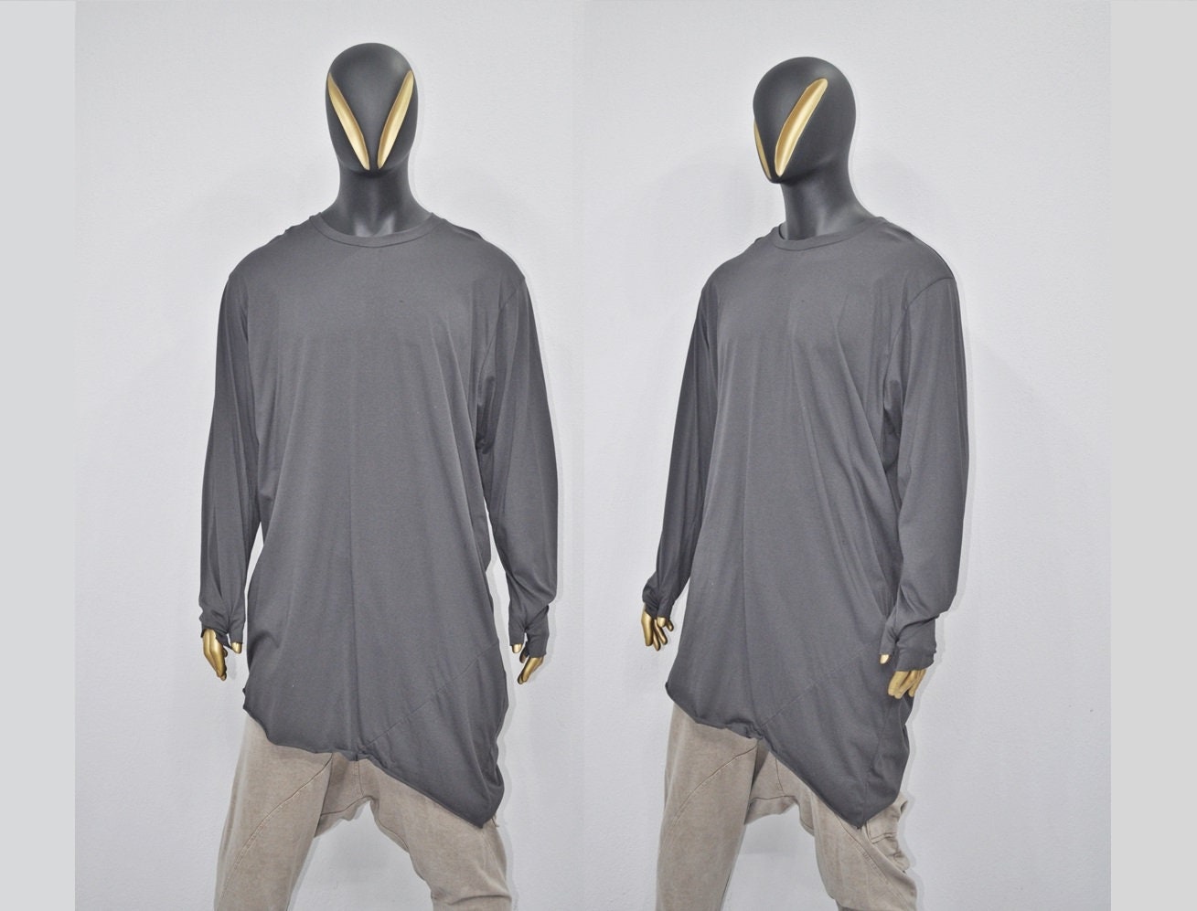 XS-8XL Men Long Sleeve Rave Thumbhole Top Shirt, Draped Asymmetrical cut Overlong Essential Extended Jumper , Gothic Wide Neck Sweat BB496