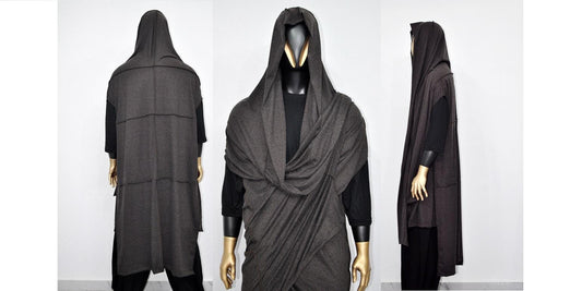 Wool Viscose OverLong Poncho Cardigan,Japanese Oversized Sleeveless Kimono Wrap Shawl Shirt,Asymmetric Vest Hooded Cape Coat,Hallowen-BB0154