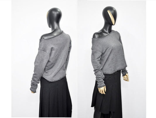 XS - 8XL Unisex Long Sleeve Shirt, Crop Oversized V-neckline, Wide Sexy Neck Draped Pullover Swatshirt, Off shoulder -BB168