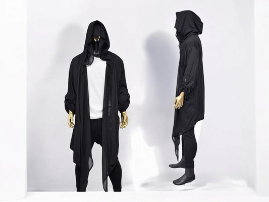 XS-8XL Men's Loose Overlong Whimsigoth Mesh Cardigan, Roll-up Sleeve,Rope Long Oversize Hood, Asymmetrical,Cyberpunk, Futuristic- BB0137