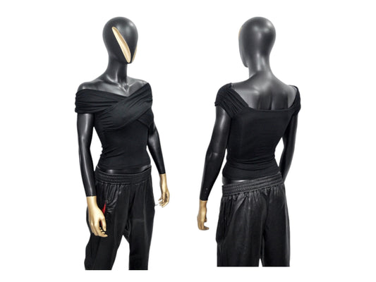 XS - 8XL Black Boat Neck Pleated Shoulder Blouse,Multi Position Women Open Back Top, Yoga Backless Sexy Tee -BB548