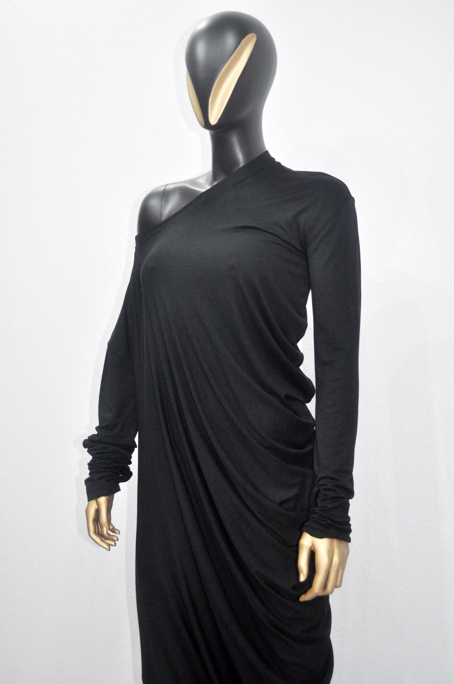 XS - 8XL Original Design Asymmetric Stretch Viscose Jersey Cotton Dress,Draped Long Sleeve Dress, Silky ,Super Draped Maxi Long Dress- BB604