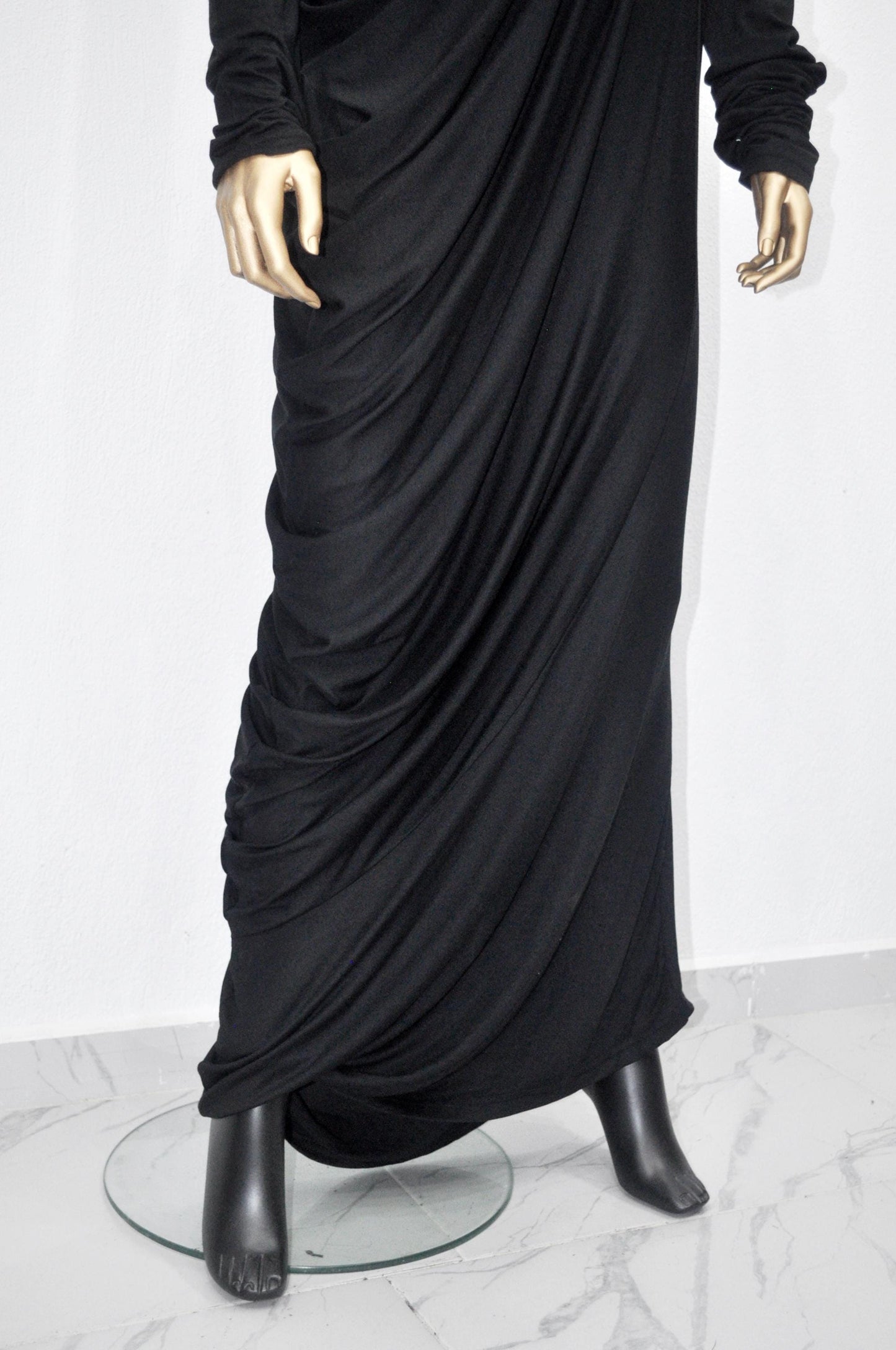 XS - 8XL Original Design Asymmetric Stretch Viscose Jersey Cotton Dress,Draped Long Sleeve Dress, Silky ,Super Draped Maxi Long Dress- BB604