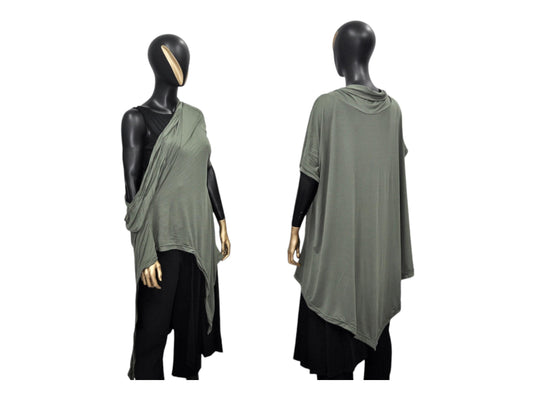 XS - 8XL Urban Zen Bat Sleeve, Shawl Collar Poncho Top Tshirt with Cowl Neck,Asymmetrical Draped,Yoga,Dystopian,Avant Garde Minimalist-BB551