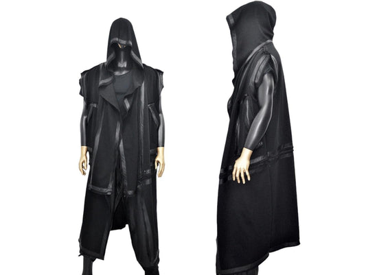 XS-8XL Removable Bottom Asymmetric Sleeveless Hooded Cardigan,Black F.Leather Trim Loose Long JACKET, ,Cosplay,Futuristic-Apocalyptic-BB0180