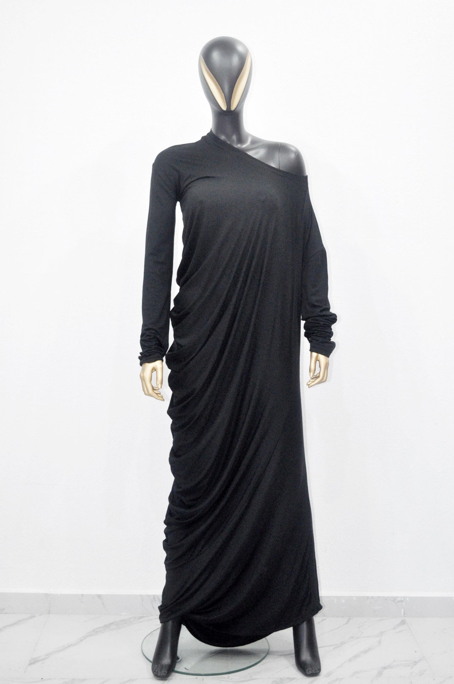 XS - 8XL Original Design Asymmetric Stretch Viscose Jersey Cotton Dress,Draped Long Sleeve Dress, Silky ,Super Draped Maxi Long Dress- BB604