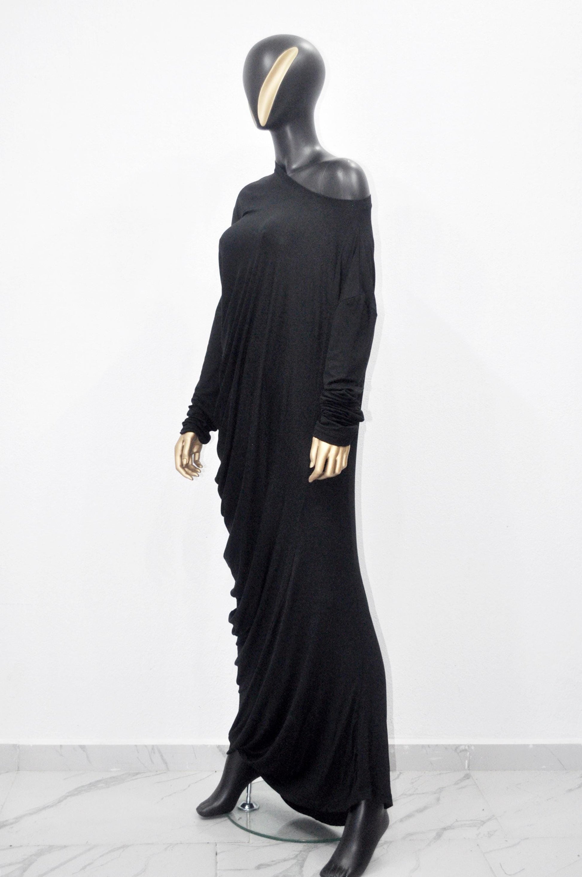 XS - 8XL Original Design Asymmetric Stretch Viscose Jersey Cotton Dress,Draped Long Sleeve Dress, Silky ,Super Draped Maxi Long Dress- BB604