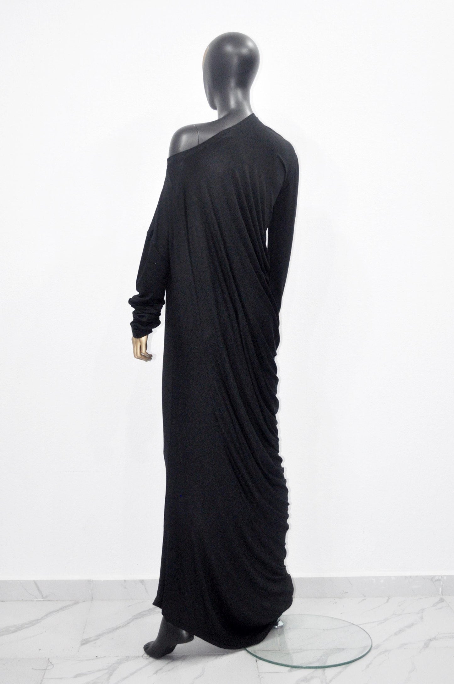 XS - 8XL Original Design Asymmetric Stretch Viscose Jersey Cotton Dress,Draped Long Sleeve Dress, Silky ,Super Draped Maxi Long Dress- BB604