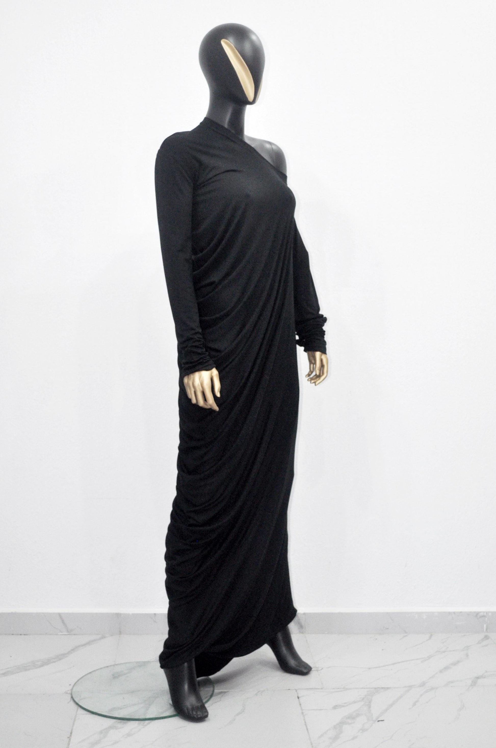 XS - 8XL Original Design Asymmetric Stretch Viscose Jersey Cotton Dress,Draped Long Sleeve Dress, Silky ,Super Draped Maxi Long Dress- BB604