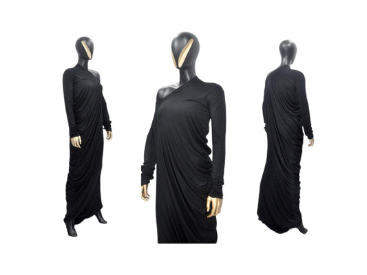 XS - 8XL Original Design Asymmetric Stretch Viscose Jersey Cotton Dress,Draped Long Sleeve Dress, Silky ,Super Draped Maxi Long Dress- BB604