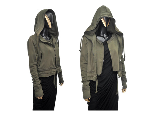 XS - 8XL Asymmetric Raw Cut Cropped Double Look Long Sleeve Hoodie, DOUBLE Full Zip LAYERED Top -BB124