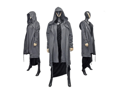 XS - 8XL Oversized Hood Asymmetric Raw Cut Overlong Double Look Long Sleeve Hoodie, DOUBLE Full Zip LAYERED Top, Techno , Goth ,Black -BB123