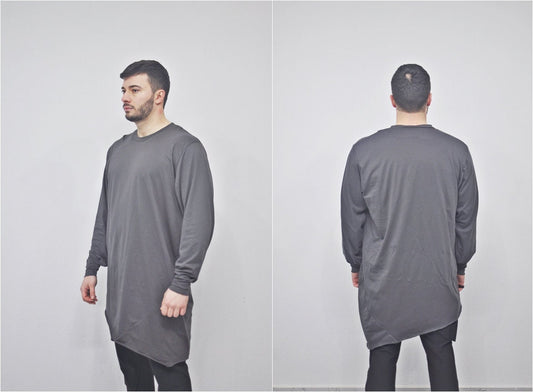 XS-8XL Men's Oversized Loose Overlong Teckwear Asymmetric Tshirt, Streetwear Men Extended Long Sleeve Shirt- BB496