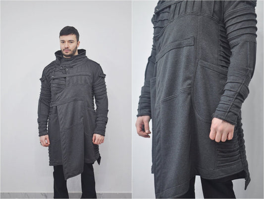 XS-8XL Men's Black Quilted Sleeves Cardigan Loose JACKET,Cyber Goth ,Long Asymmetric Cosplay, Futuristic- Post Apocalyptic Dystopian- BB0122
