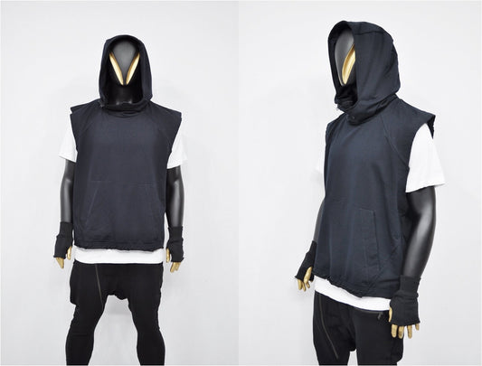 XS-8XL Men's Panel Hooded  Tanktop, Raw Edges Adjusters Zip-up Hood and Collar,Streetwear Vest Hooded/Cyber Streetwear Assassin - BB0133