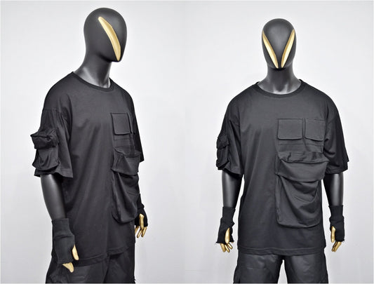 XS-8XL Men's Utility Cargo Pocket Elongated Short Sleeve Loose T-shirt, Capsule Whimsigoth Mesh, Techwear shirt,Streetwear Oversize- BB495