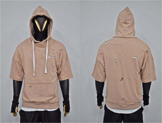 XS-8XL Men's Cyberpunk Ripped Raw Edge Short Sleeve Oversize Hooded Jumper Hoodie, Dropped Shoulder Boxyfit Pullover ,Rear Neck Badge- BB074