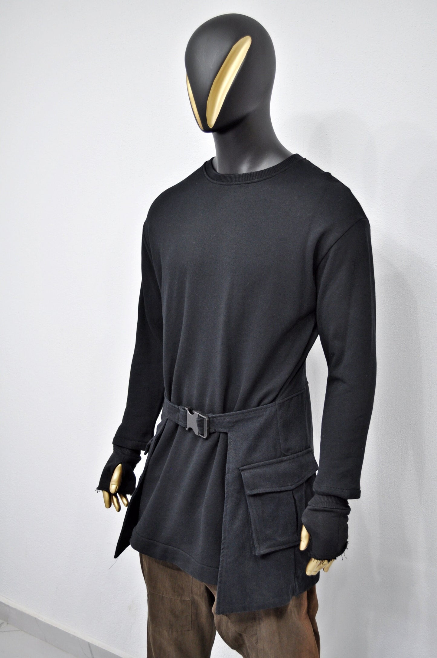 XS - 8XL Long Dress Utility Contrast Side Pockets,Round Neck Long Sleeves,Adjustable Belt,Steampunk Cyberpunk Gothic,Fleece Streetwear-BB144