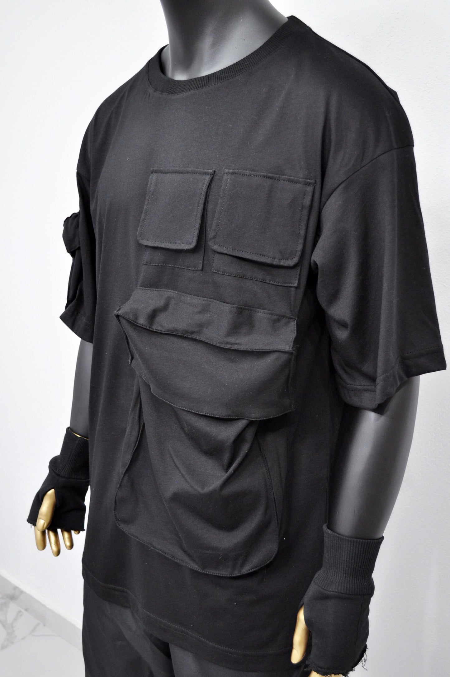 XS-8XL Men's Utility Cargo Pocket Elongated Short Sleeve Loose T-shirt, Capsule Whimsigoth Mesh, Techwear shirt,Streetwear Oversize- BB495