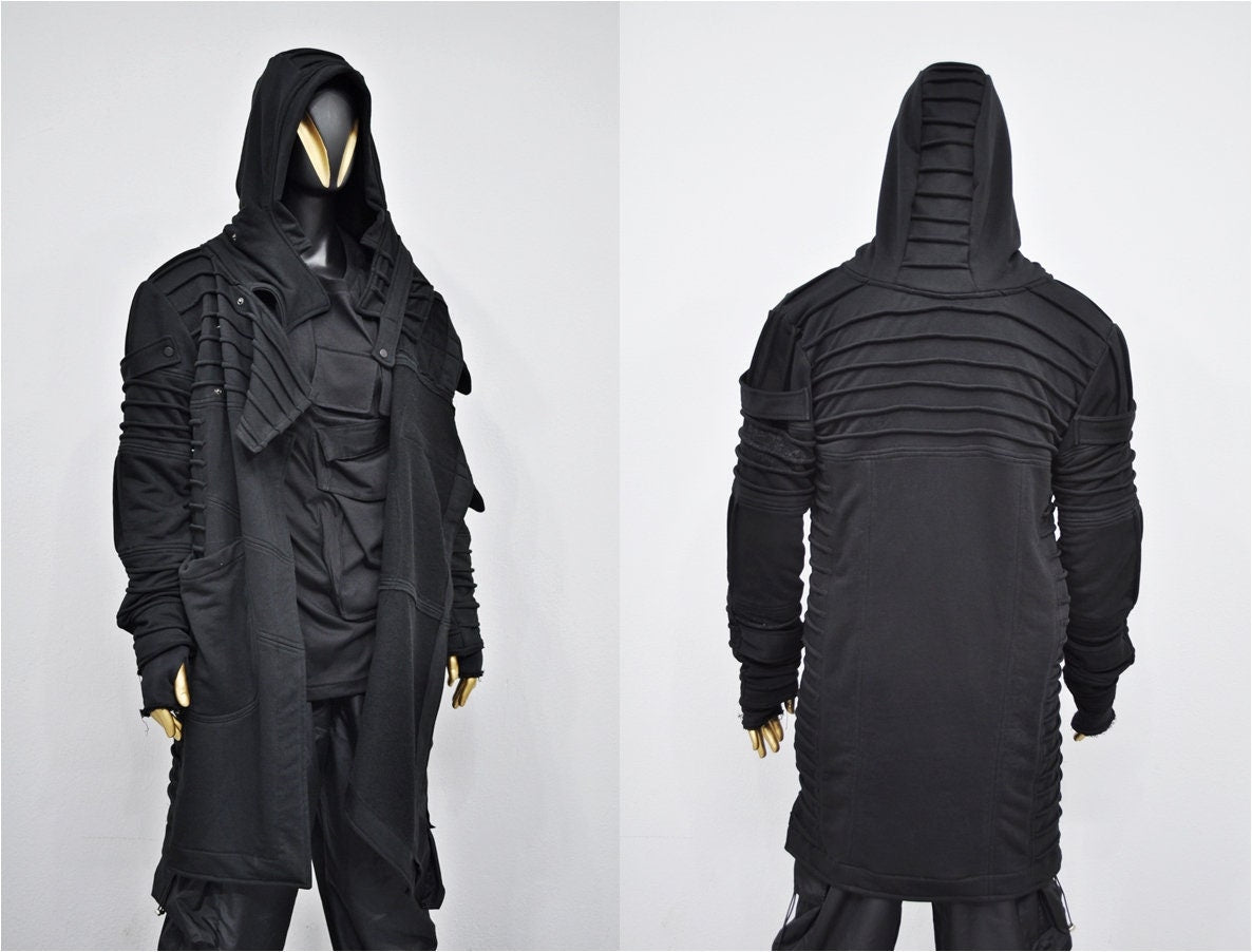 XS-8XL Men's Black Quilted Sleeves Cardigan Loose JACKET,Cyber Goth ,Long Asymmetric Cosplay, Futuristic- Post Apocalyptic Dystopian- BB0122