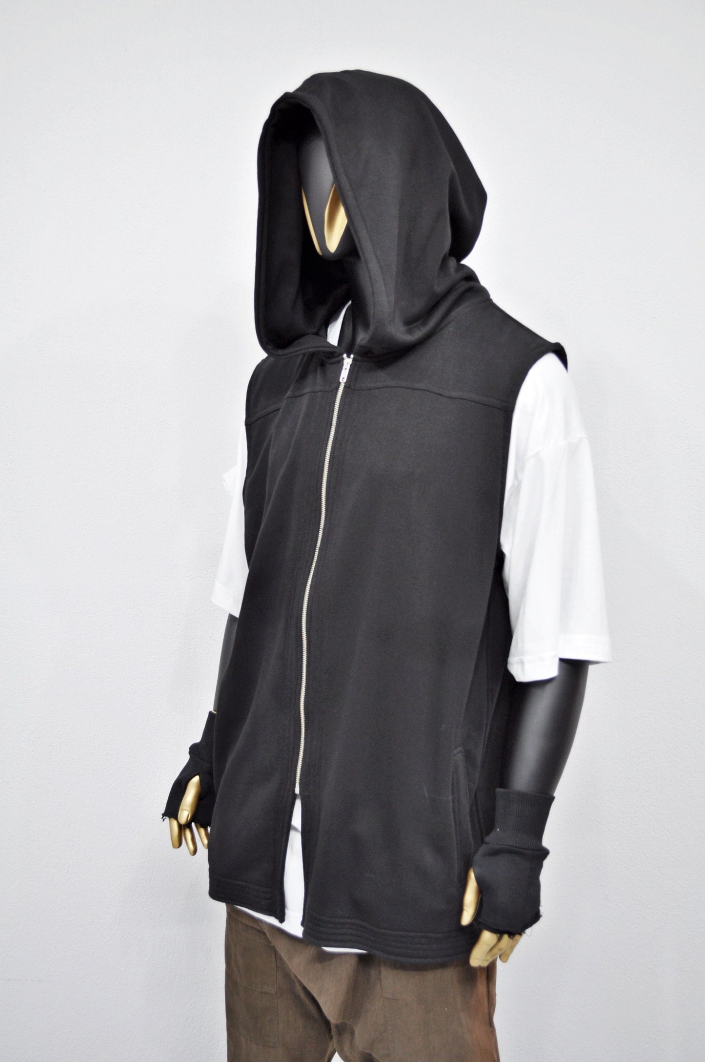 XS-8XL Men's Sleeveless Oversize Hooded Waistcoat Sweater,Functional Training Tactical Asymmetric Tiered Hem Raw Edges Jumper Vest - BB454