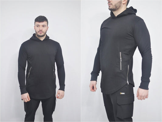 XS - 8XL Men's Asymmetric Zip-up  Sides and Pockets Curved Hem Hooded Fitted HoodieTop,Steampunk Cyberpunk Gothic,Fleece Streetwear-BB0145