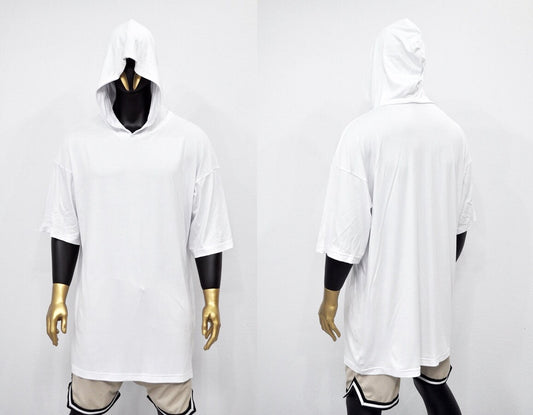 XS-8XL Men's Oversized Overlong Hooded T-shirt,Semi-sheer Mesh Short Sleeve,Draped,Jumbo Top Capsule,Extended Tshirt,Streetwear Shirt-BB484