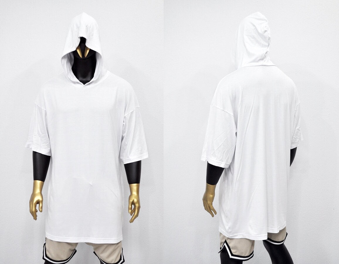 XS-8XL Men's Oversized Overlong Hooded Mesh,Net T-shirt,Semi-sheer Short Sleeve,Draped,Jumbo Top ,Extended Tshirt,Streetwear Shirt-BB484