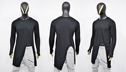 XS-8XL Long Sleeve Viscose Cotton Asymmetrical Cut,Round Neck LongTuxedo Tail Tshirt,Overlong Loose,Irregular,Streetwear Extended-BB418