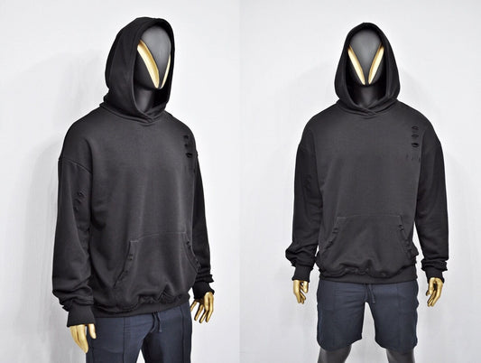 XS-8XL Men's Oversized Destroyed Rip Fleece Jumper Hoodie,Drop Shoulder,Pullover,Cyber SteamPunk,Futuristic-Apocalyptic Dystopian-BB072