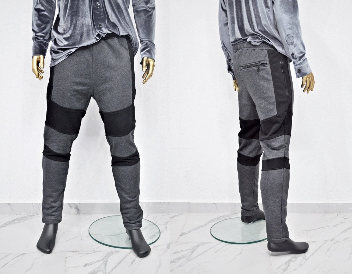 XS - 8XL Men's Biker Drop Crotch Shadow Joggers-Black Panel Elastic Band Tapered Leg Trouser,Zip Pockets Relaxed Sweatpants,Streetwear-BB253