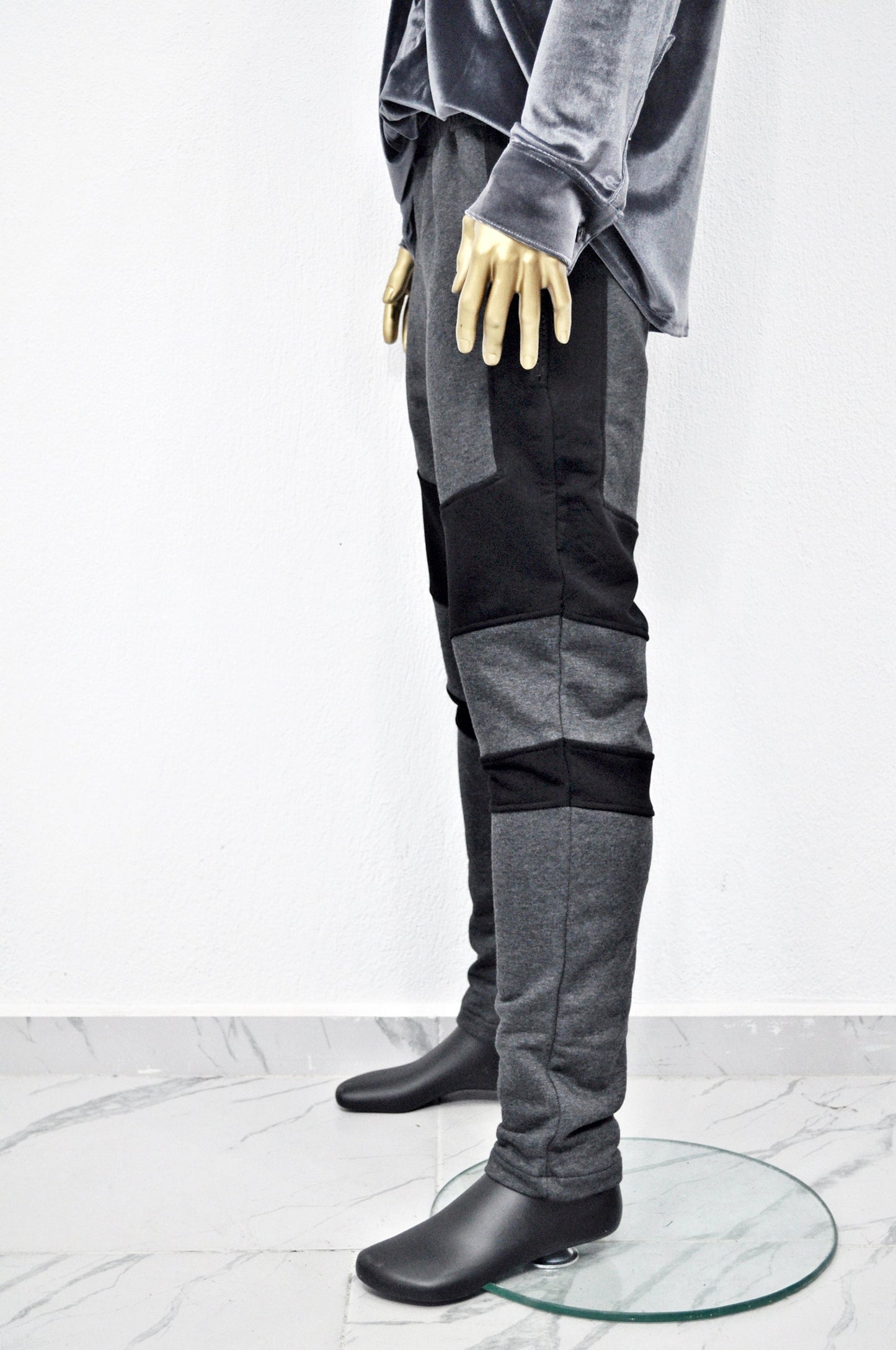 XS - 8XL Men's Biker Drop Crotch Shadow Joggers-Black Panel Elastic Band Tapered Leg Trouser,Zip Pockets Relaxed Sweatpants,Streetwear-BB253