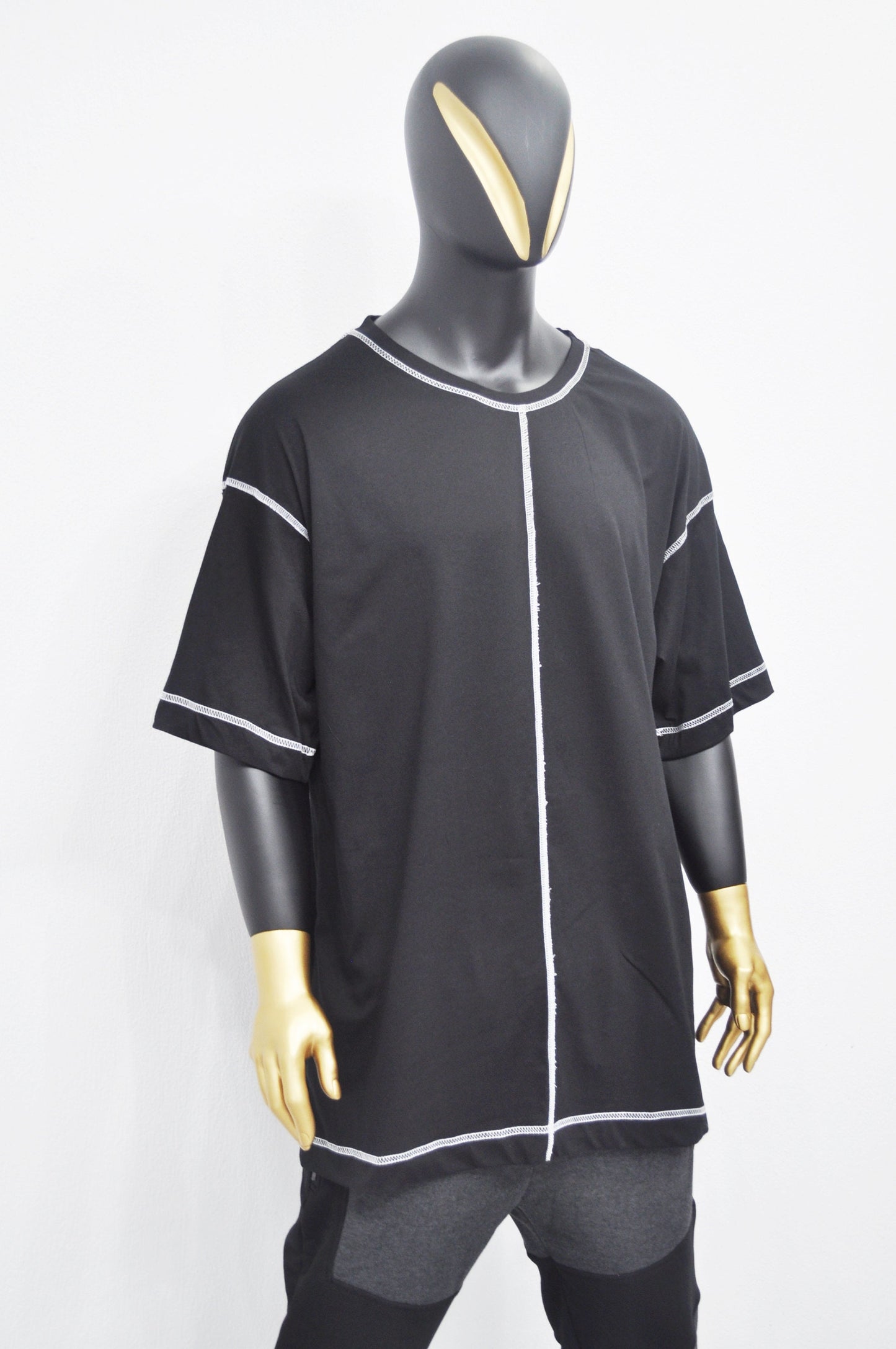 XS-8XL Men's Summer Contrast Stitching Short Sleeve Tee,Oversized Overlong Drop Shoulder T-shirt,Scoop Neck Jumbo Top Streetwear Shirt-BB474