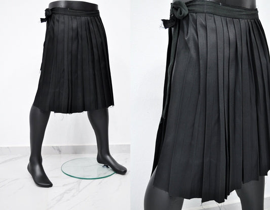 Dark Black Essentials Kilt,Wrap Mid-Lenght Skirt/Pleated Crossover,Wear it with Drop Crotch Pants/Adult Sarrouel Japanese Harem,Hakama-BB219