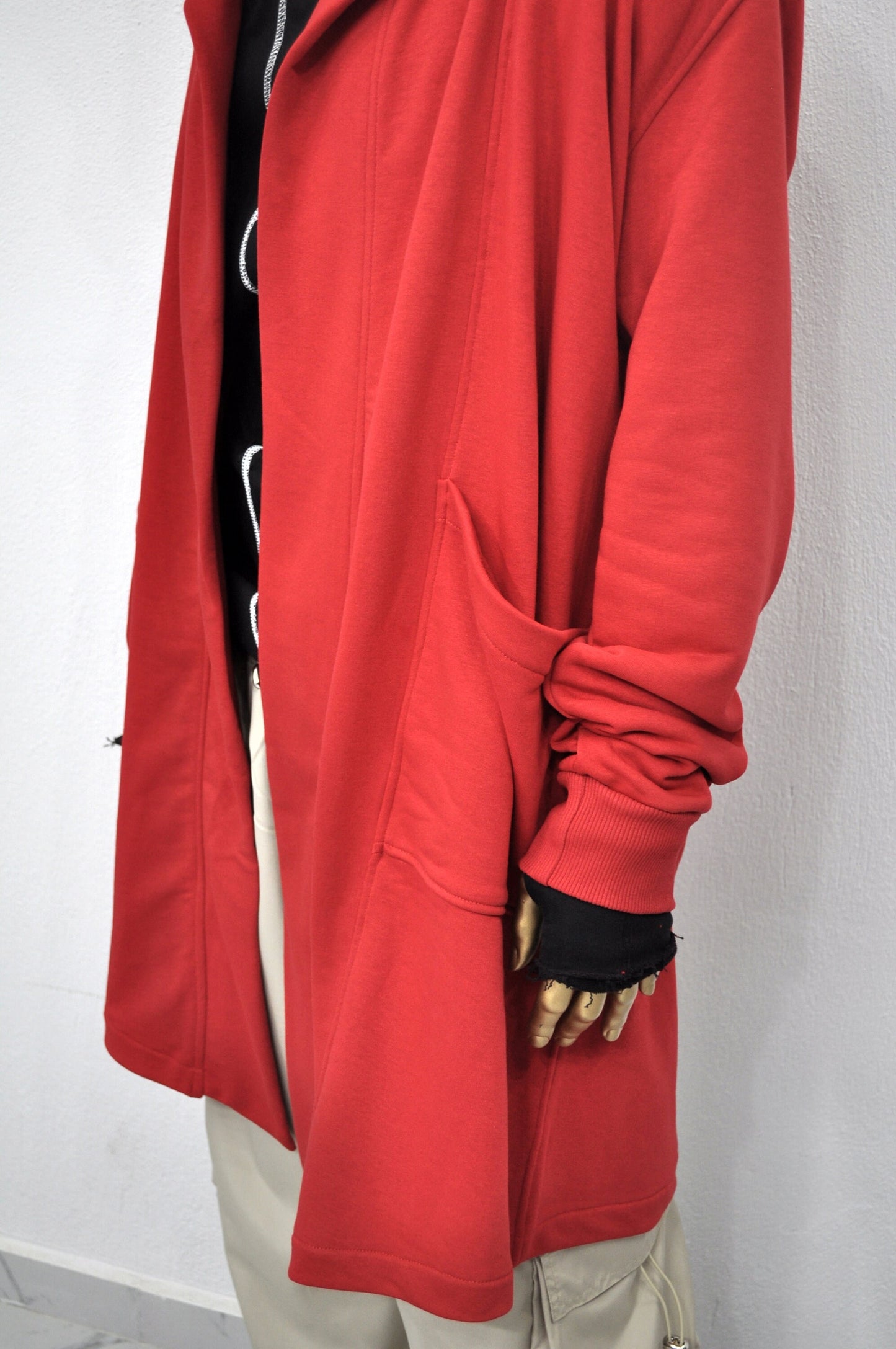 XS-8XL Red Oversize Overlong Loose Cardigan with Hood,Side Pockets Windbreaker Cloak,Cyberpunk Techwear Cape Coat, Futuristic Clothes- BB159